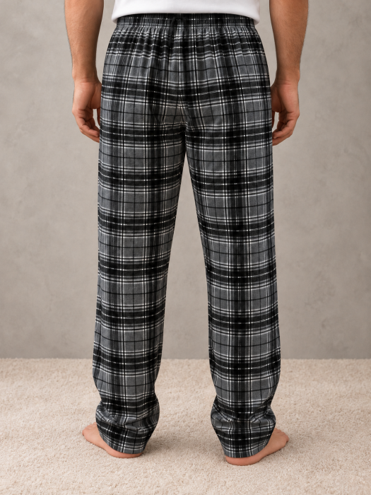 Pantaloni de Pijama Barbati din Bumbac, in Carouri Gri-Negru, cu Talie Elastica [3]