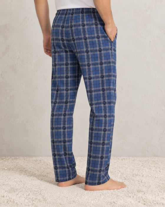 Pantaloni de Pijama Barbati din Bumbac,  Carouri, Talie Elastica, buzunare si snur Bleumarin [2]