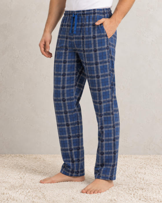 Pantaloni de Pijama Barbati din Bumbac,  Carouri, Talie Elastica, buzunare si snur Bleumarin [3]