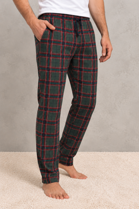 Pantaloni de Pijama Barbati din Bumbac,  Carouri, Talie Elastica, buzunare si snur Grena [4]