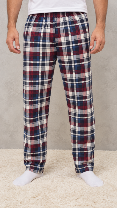 Pantaloni de Pijama Barbati din Bumbac, Model in Carouri, Talie Elastica, Bleumarin-Bordo [2]