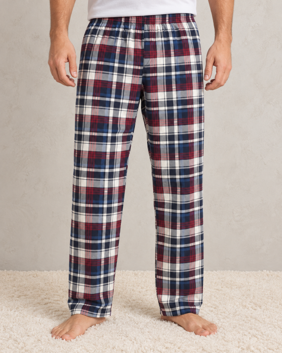 Pantaloni de Pijama Barbati din Bumbac, Model in Carouri, Talie Elastica, Bleumarin-Bordo [3]