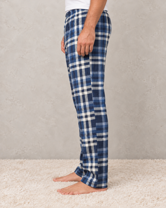 Pantaloni de Pijama Barbati din Bumbac, cu Carouri Albastre si Talie Elastica [2]