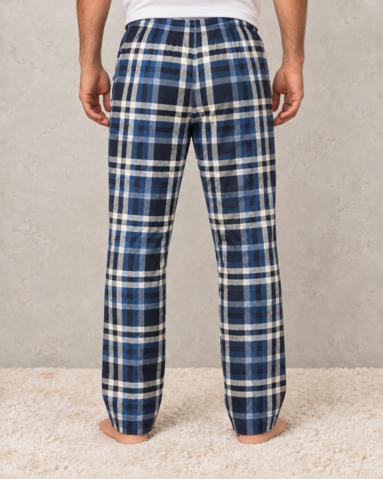 Pantaloni de Pijama Barbati din Bumbac, cu Carouri Albastre si Talie Elastica [3]