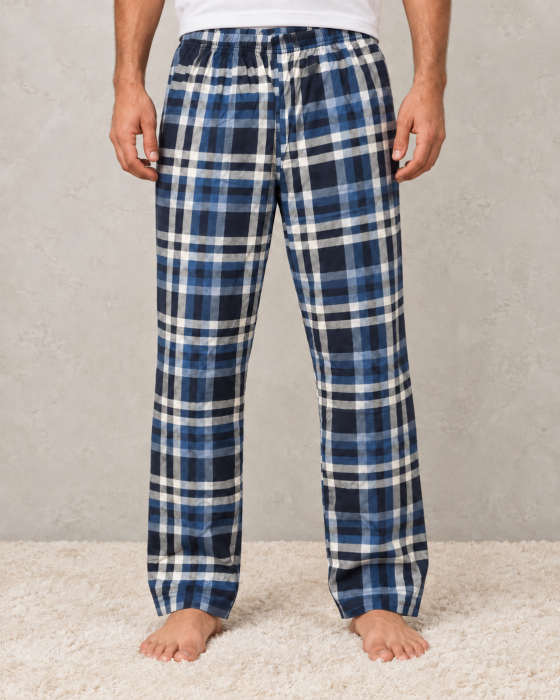 Pantaloni de Pijama Barbati din Bumbac, cu Carouri Albastre si Talie Elastica [4]