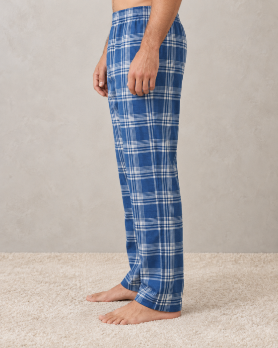 Pantaloni de Pijama Barbati din Bumbac, Albastri in Carouri, cu Talie Elastica [2]