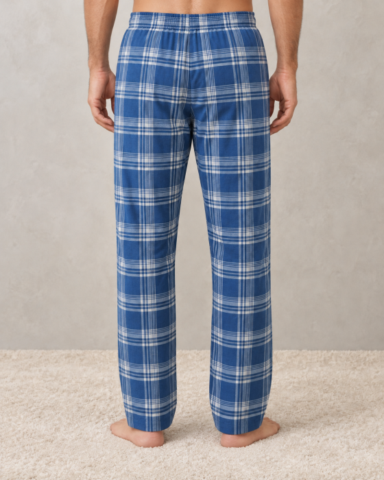 Pantaloni de Pijama Barbati din Bumbac, Albastri in Carouri, cu Talie Elastica [3]
