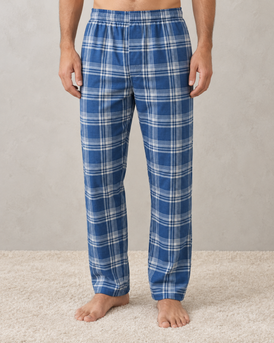Pantaloni de Pijama Barbati din Bumbac, Albastri in Carouri, cu Talie Elastica [4]