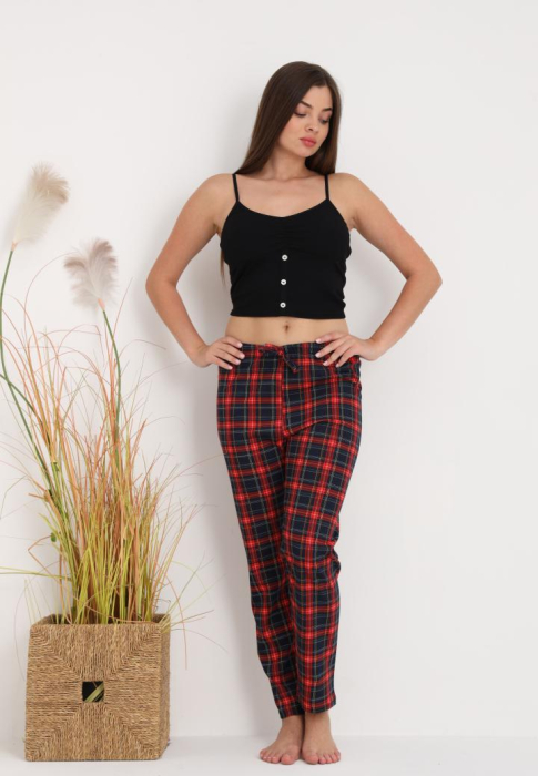 Pantaloni de Pijama Dama Bumbac imprimeu carouri visniu/bleumarin [3]