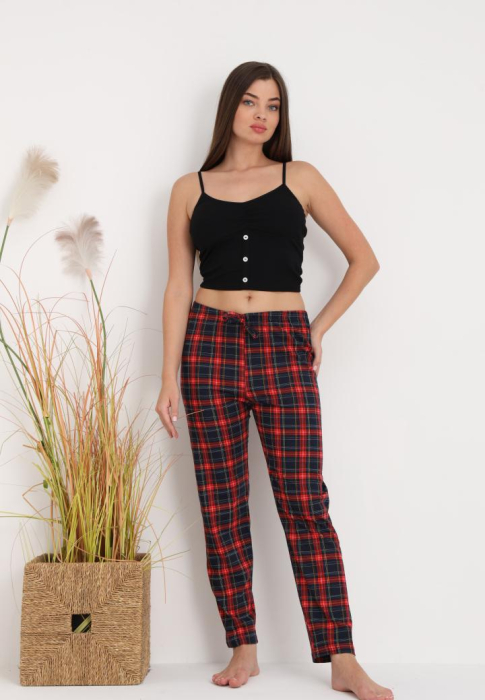 Pantaloni de Pijama Dama Bumbac imprimeu carouri visniu/bleumarin [2]