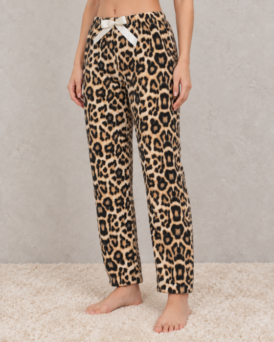 Pantaloni pufosi dama cocolino cu imprimeu leopard si fundita, pantaloni de casa caldurosi [3]