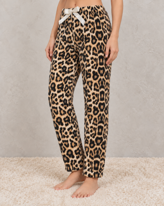 Pantaloni pufosi dama cocolino cu imprimeu leopard si fundita, pantaloni de casa caldurosi [4]