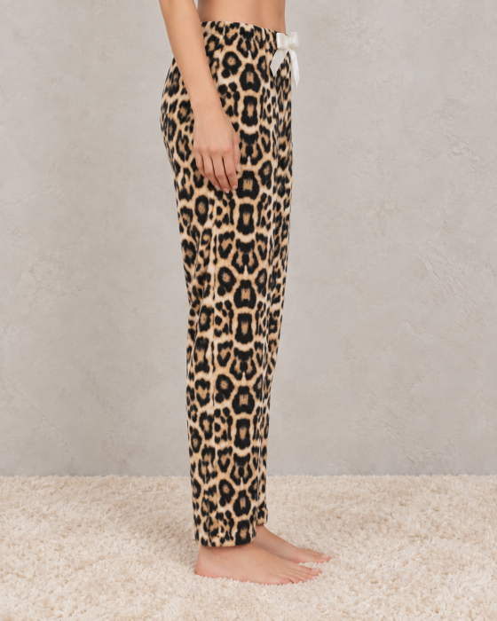 Pantaloni pufosi dama cocolino cu imprimeu leopard si fundita, pantaloni de casa caldurosi [2]