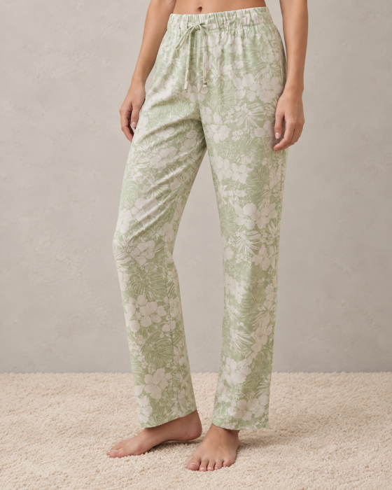 Pantaloni de Pijama Dama din Bumbac, Verde Deschis cu Imprimeu Floral, Talie Elastica si Croiala Lejera [4]