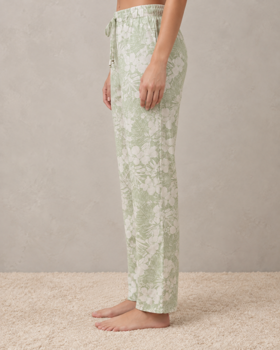 Pantaloni de Pijama Dama din Bumbac, Verde Deschis cu Imprimeu Floral, Talie Elastica si Croiala Lejera [3]