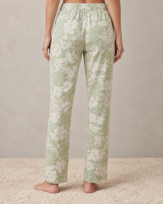 Pantaloni de Pijama Dama din Bumbac, Verde Deschis cu Imprimeu Floral, Talie Elastica si Croiala Lejera [2]