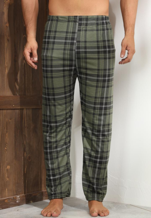 Pantaloni de Pijama pentru Barbati din Bumbac, kaki carouri 101 [1]