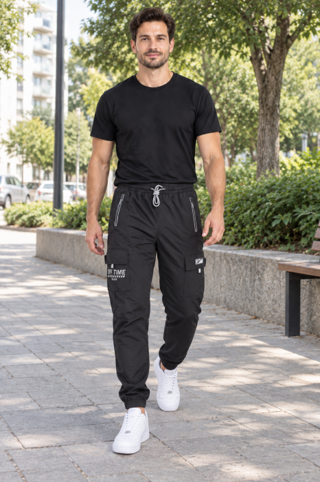 Pantaloni Fas Barbati Cargo, Material Subtire si Usor, Buzunare cu Fermoar, Talie Elastica, negru 8301 [6]