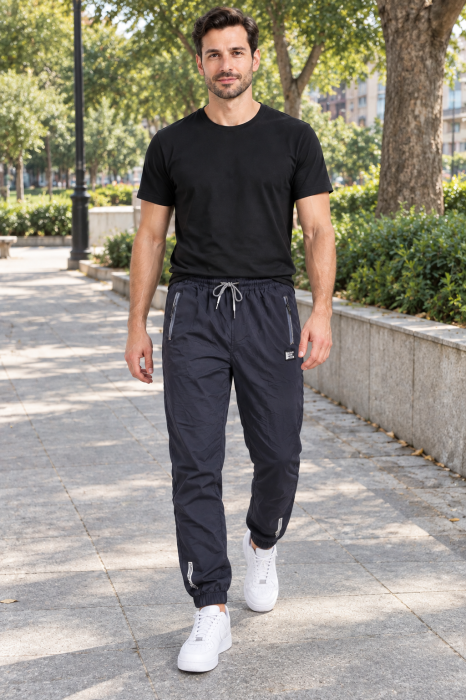 Pantaloni Fas Barbati Jogger, Material Subtire, Buzunare cu Fermoar, Talie Elastica, Bleumarin Inchis 8303 [6]