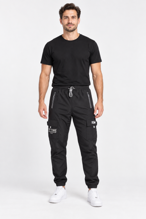 Pantaloni Fas Barbati Cargo, Material Subtire si Usor, Buzunare cu Fermoar, Talie Elastica, negru 8301 [2]