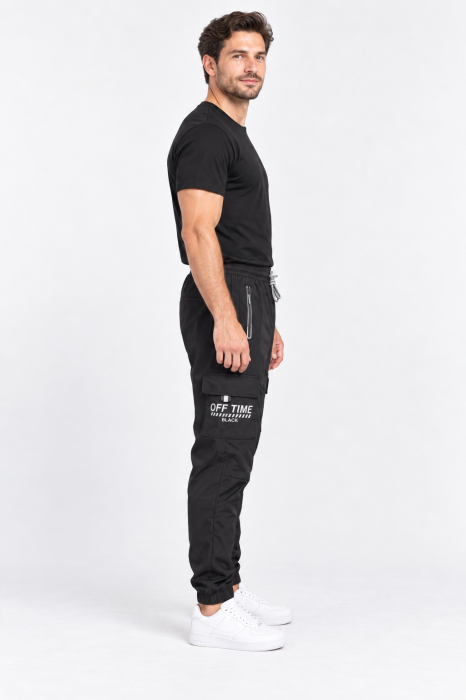 Pantaloni Fas Barbati Cargo, Material Subtire si Usor, Buzunare cu Fermoar, Talie Elastica, negru 8301 [3]