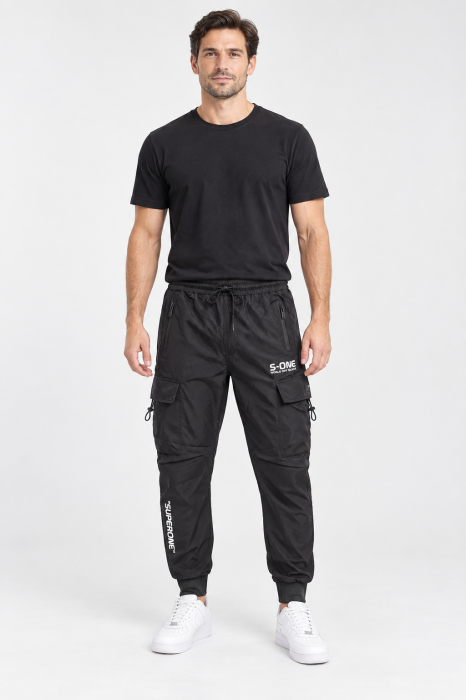 Pantaloni Fas Barbati Cargo, Material Subtire si Usor, Buzunare cu Fermoar, Talie Elastica, negru 8255 [2]