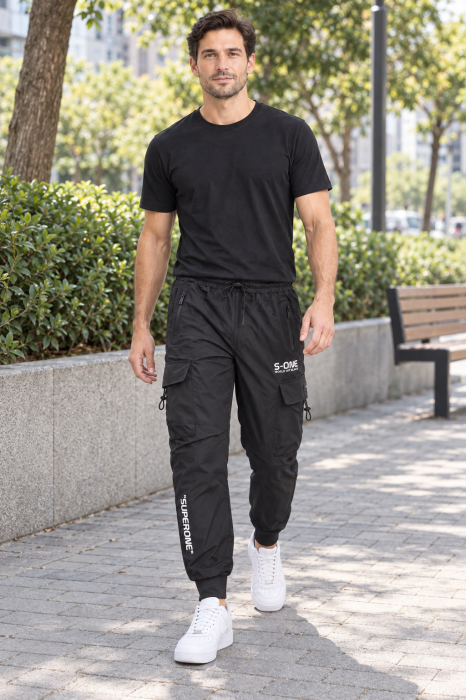Pantaloni Fas Barbati Cargo, Material Subtire si Usor, Buzunare cu Fermoar, Talie Elastica, negru 8255 [6]