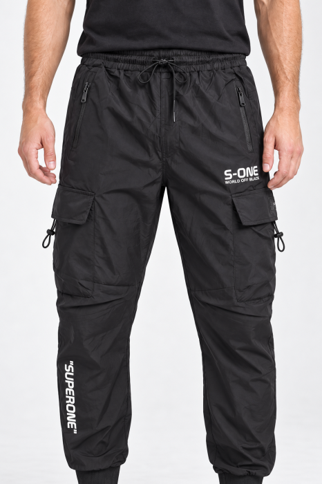 Pantaloni Fas Barbati Cargo, Material Subtire si Usor, Buzunare cu Fermoar, Talie Elastica, negru 8255 [4]