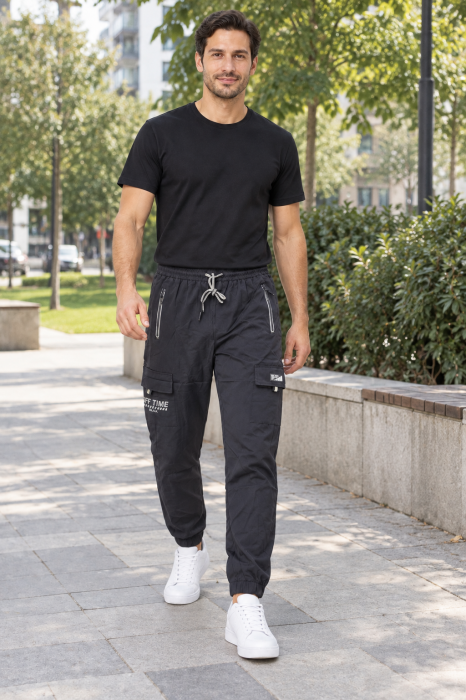 Pantaloni Fas Barbati Cargo, Material Subtire si Usor, Buzunare cu Fermoar, Talie Elastica, bleumarin  8301 [6]