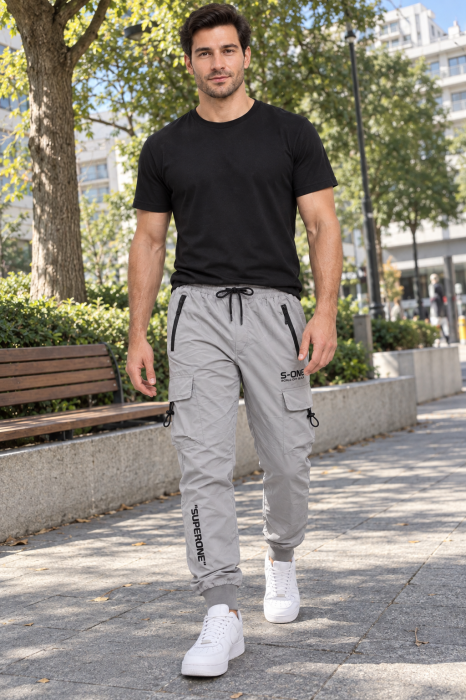 Pantaloni Fas Barbati Cargo, Material Subtire si Usor, Buzunare cu Fermoar, Talie Elastica, gri 8255 [6]