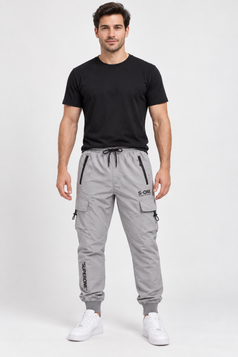 Pantaloni Fas Barbati Cargo, Material Subtire si Usor, Buzunare cu Fermoar, Talie Elastica, gri 8255 [2]