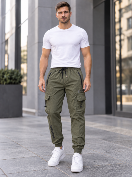 Pantaloni Fas Barbati Cargo, Material Subtire si Usor, Buzunare cu Fermoar, Talie Elastica, kaki 8255 [2]