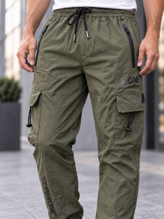 Pantaloni Fas Barbati Cargo, Material Subtire si Usor, Buzunare cu Fermoar, Talie Elastica, kaki 8255 [5]