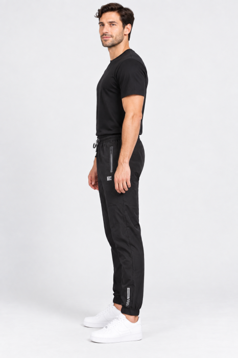 Pantaloni Fas Barbati Jogger, Material Subtire, Buzunare cu Fermoar, Talie Elastica, negru 8303 [3]