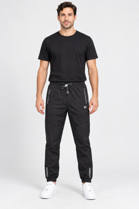 Pantaloni Fas Barbati Jogger, Material Subtire, Buzunare cu Fermoar, Talie Elastica, negru 8303 [2]