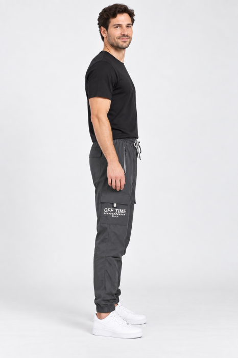 Pantaloni Fas Barbati Cargo, Material Subtire si Usor, Buzunare cu Fermoar, Talie Elastica, Gri Inchis 8301 [3]