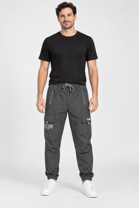 Pantaloni Fas Barbati Cargo, Material Subtire si Usor, Buzunare cu Fermoar, Talie Elastica, Gri Inchis 8301 [2]