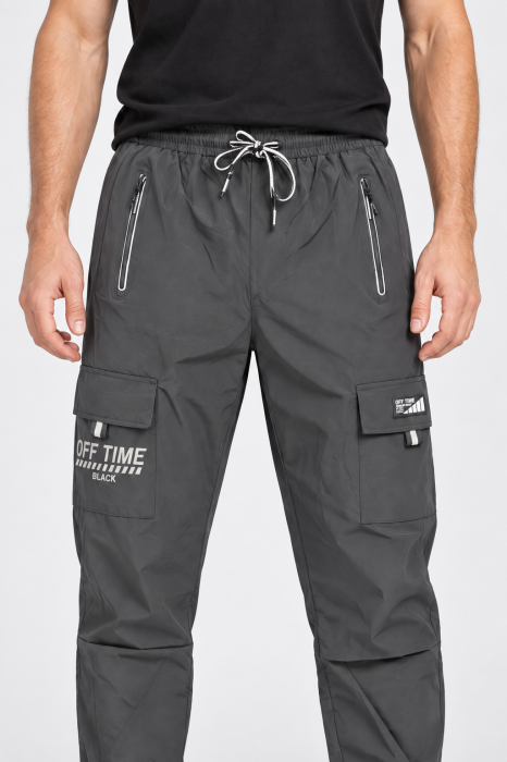 Pantaloni Fas Barbati Cargo, Material Subtire si Usor, Buzunare cu Fermoar, Talie Elastica, Gri Inchis 8301 [4]