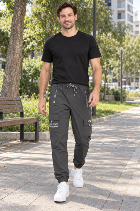 Pantaloni Fas Barbati Cargo, Material Subtire si Usor, Buzunare cu Fermoar, Talie Elastica, Gri Inchis 8301 [6]