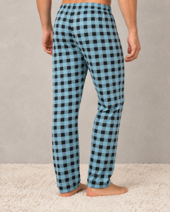 Pantaloni Pijama Barbati din Bumbac, Albastri cu Carouri Negre, Croiala Lejera si Talie Elastica [3]