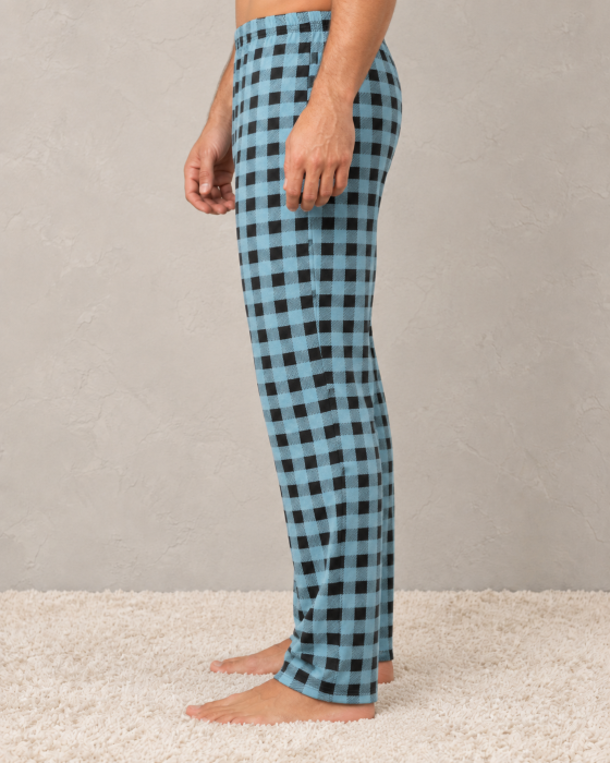 Pantaloni Pijama Barbati din Bumbac, Albastri cu Carouri Negre, Croiala Lejera si Talie Elastica [2]