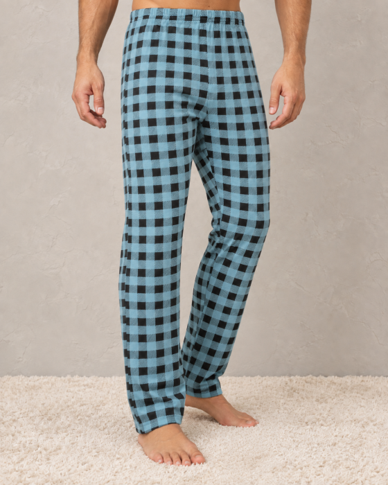Pantaloni Pijama Barbati din Bumbac, Albastri cu Carouri Negre, Croiala Lejera si Talie Elastica [4]