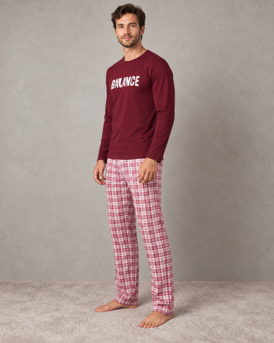 Pijama barbati din bumbac cu bluza bordo BALANCE si pantaloni in carouri [3]