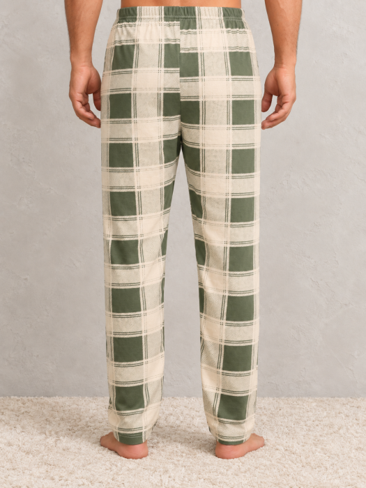 Pantaloni de Pijama Barbati din Bumbac, Carouri Verde si Crem, Talie Elastica [3]