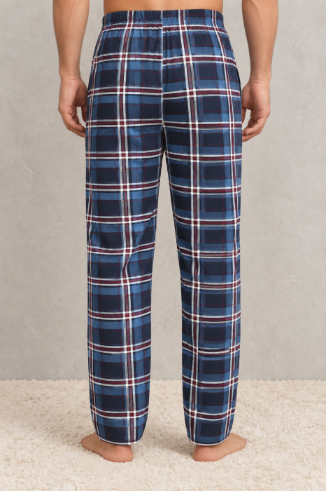 Pantaloni Pijama Barbati din Bumbac, Lungi, Model in Carouri Albastru-Bleumarin [3]