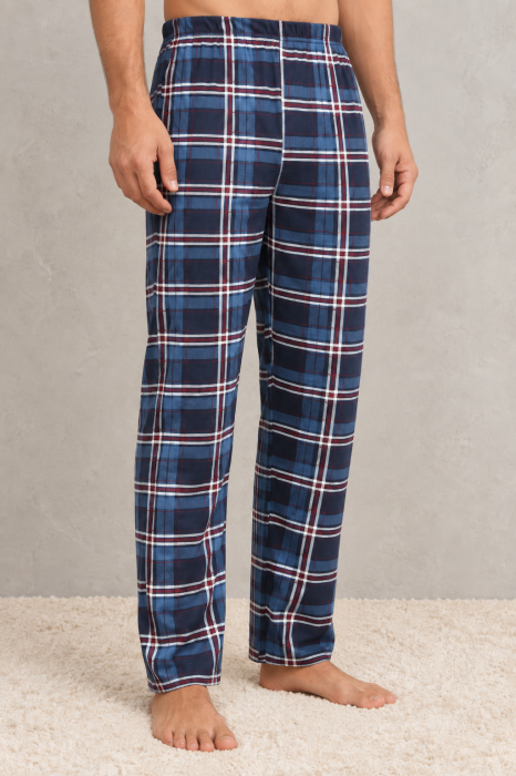 Pantaloni Pijama Barbati din Bumbac, Lungi, Model in Carouri Albastru-Bleumarin [4]