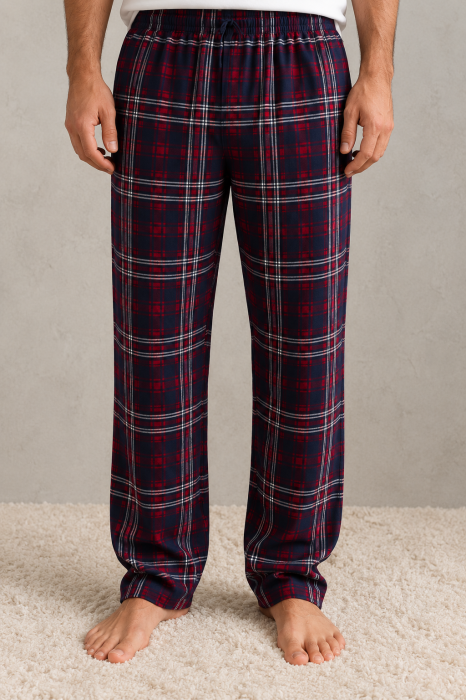 Pantaloni Pijama Barbati din Bumbac, Model in Carouri Bleumarin si Rosu, Croiala Lejera [4]