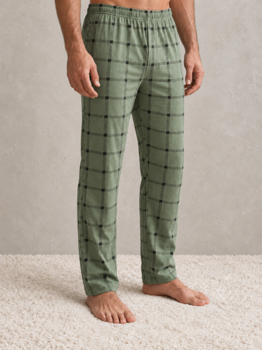 Pantaloni de pijama barbati din bumbac, verde cu carouri, talie elastica [4]