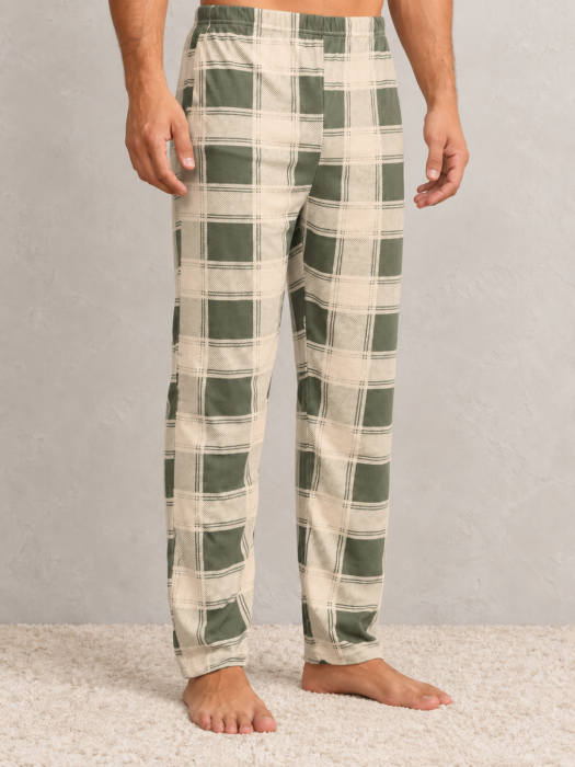 Pantaloni pijama barbati din bumbac, marimi mari, carouri verde-crem [2]