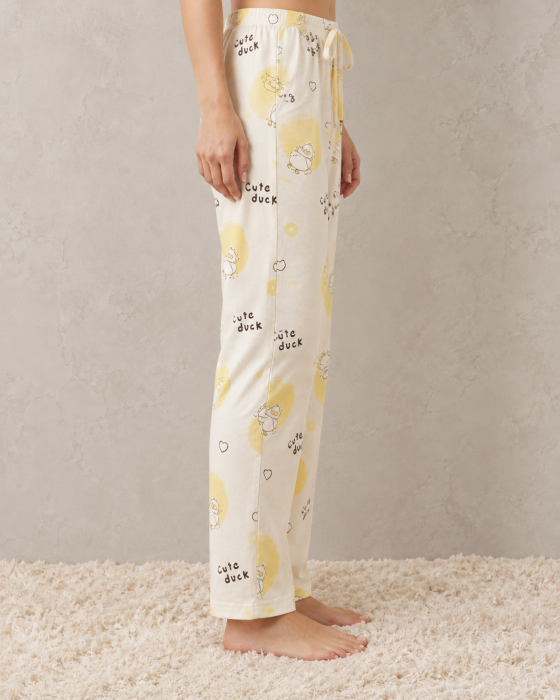 Pantaloni Pijama Dama din Bumbac, Model Cute Duck, Alb cu Galben, Talie Elastica [3]